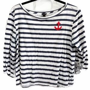 J. Crew Navy and White Striped Boatneck Top with Red Anchor Size L